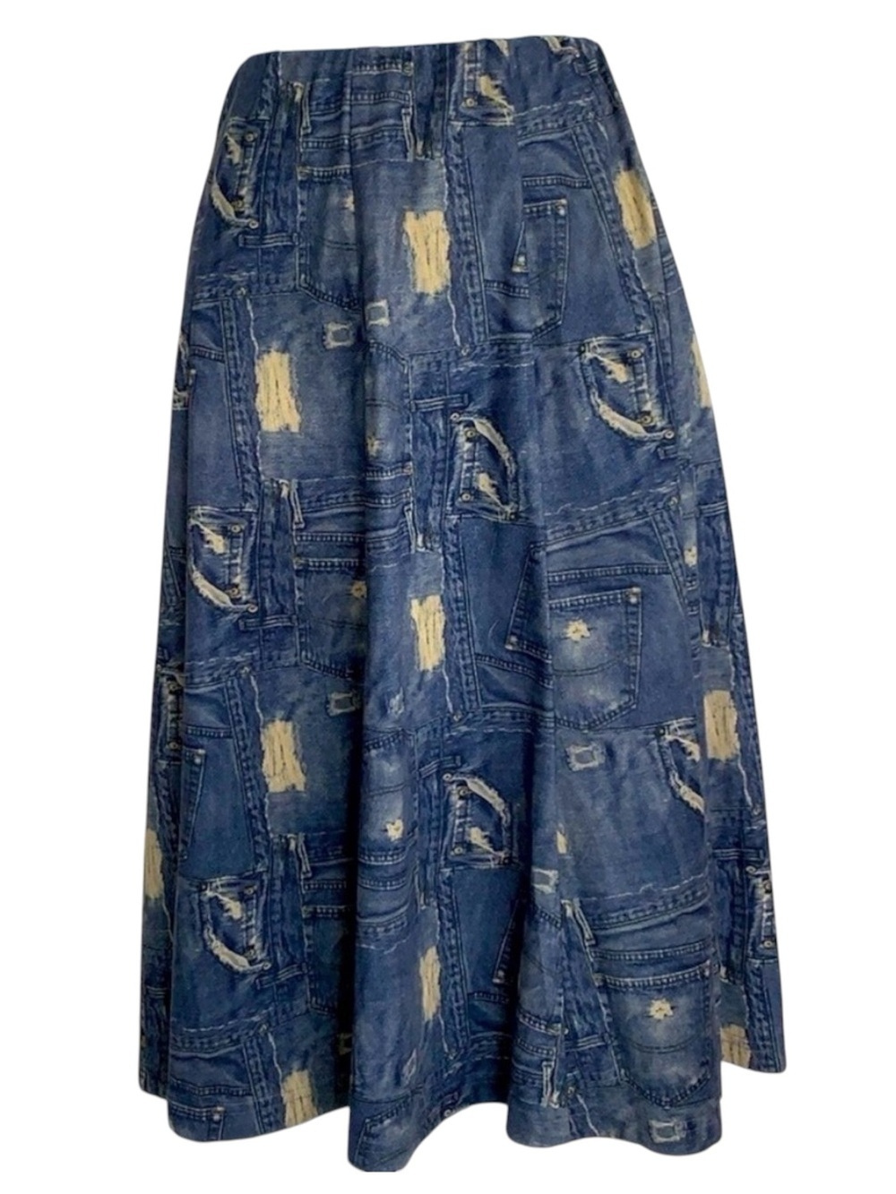 Sage West skirt women S, Blue, printed to  look like patchwork denim. EUC